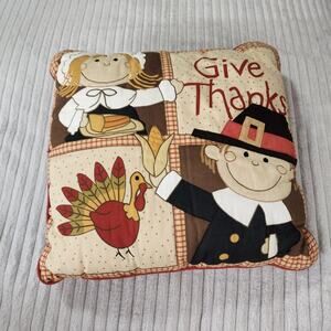 Vintage Patchwork Give Thanks Thanksgiving pillow pilgrims turkey b37